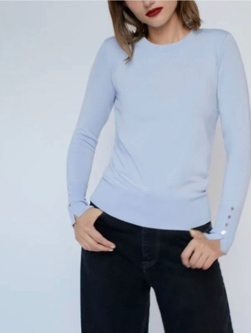 Zara Baby Blue Knit Crew Neck Sweater with Gold Buttons Size Small